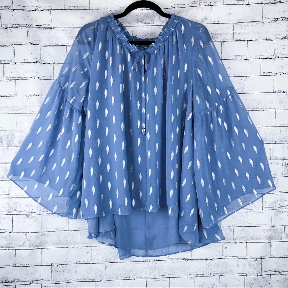 Jennifer Lopez Sky Blue Sheer Bell Sleeve Blouse with White Feather Motif